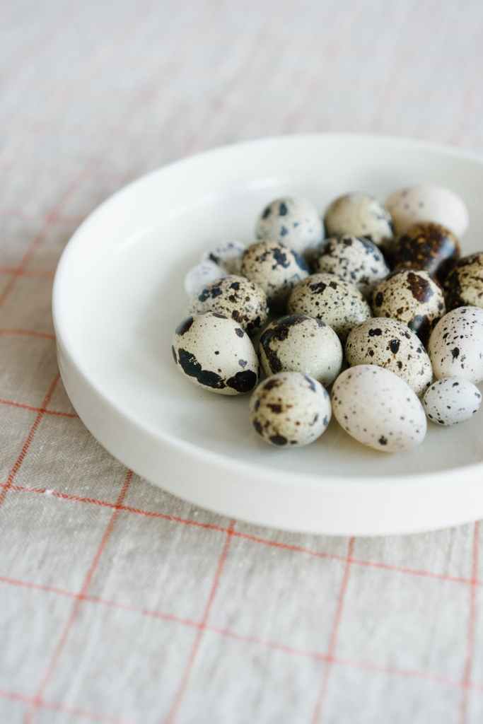 A small dish of spotted quail eggs on a checkered tablecloth.